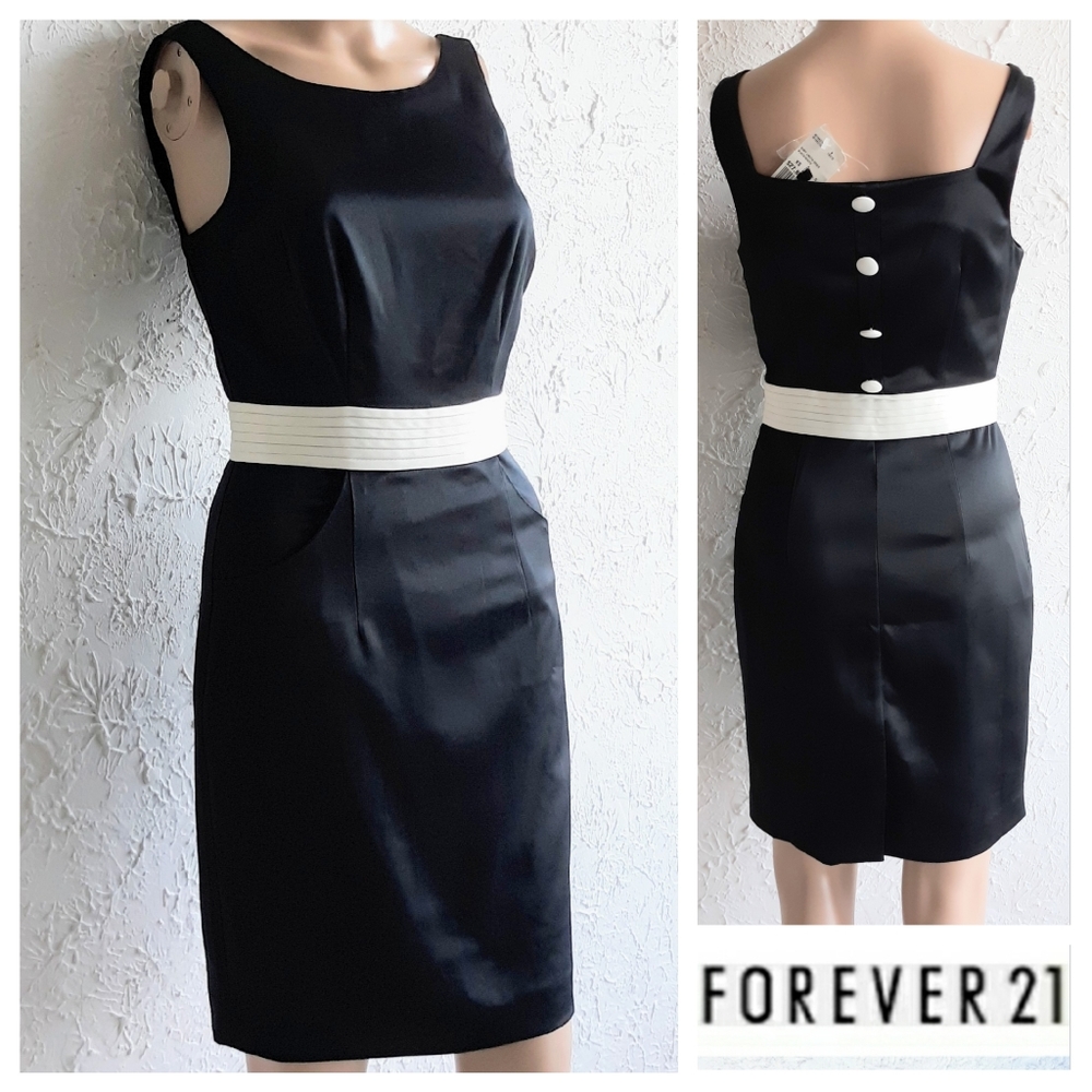 NWT-Forever 21 Black Satin Dress w/Ivory Waistband